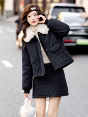 复古菱格羽绒服套装裙女2025冬季新款超好看气质毛领收腰两件套，女装套装/套裙，流量+