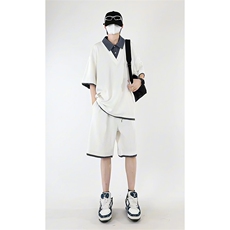 夏季宽松衬衫领假两件短袖T恤套装潮短裤XZ808B-WH071-特P55控98，男装牛仔裤，星座808B