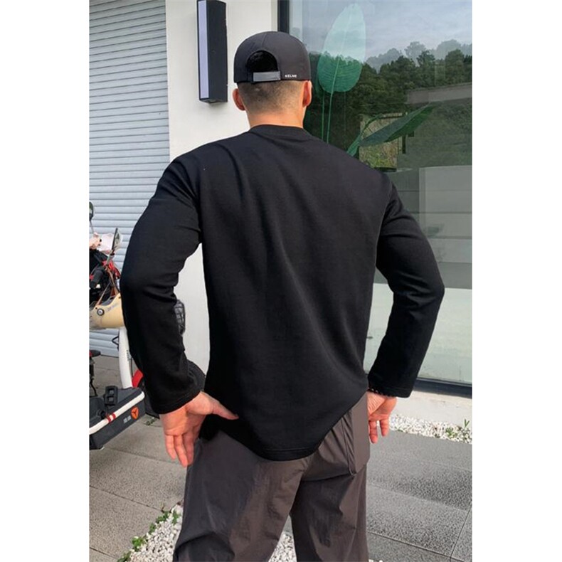 抖音得物高品质美式高街重磅曼巴棉cleanfit螺纹拼接卫衣长袖T恤,男装T恤,电商A486-1
