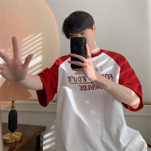短袖t恤男夏季美式潮牌宽松重磅纯棉休闲上衣撞色插肩袖半袖体恤图片