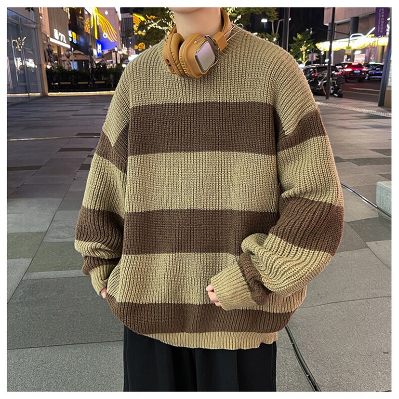 秋款男圆领套头毛衣条纹拼色宽松针织衫休闲外套M6007P45,男装针织衫/毛衣,星座1013-1