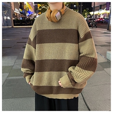 秋款男圆领套头毛衣条纹拼色宽松针织衫休闲外套M6007P45，男装针织衫/毛衣，星座1013-1