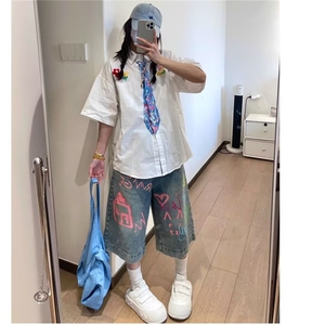 网图现货 美式复古宽松涂鸦七分牛仔裤女K04/特P40图片