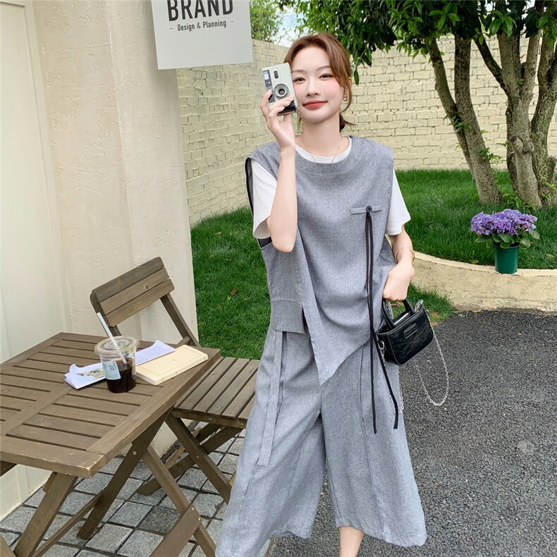 灰色慵懒风T恤马甲7分阔腿裤套装女2025夏季新款盐系休闲两件套潮,女装套装/套裙,2C051