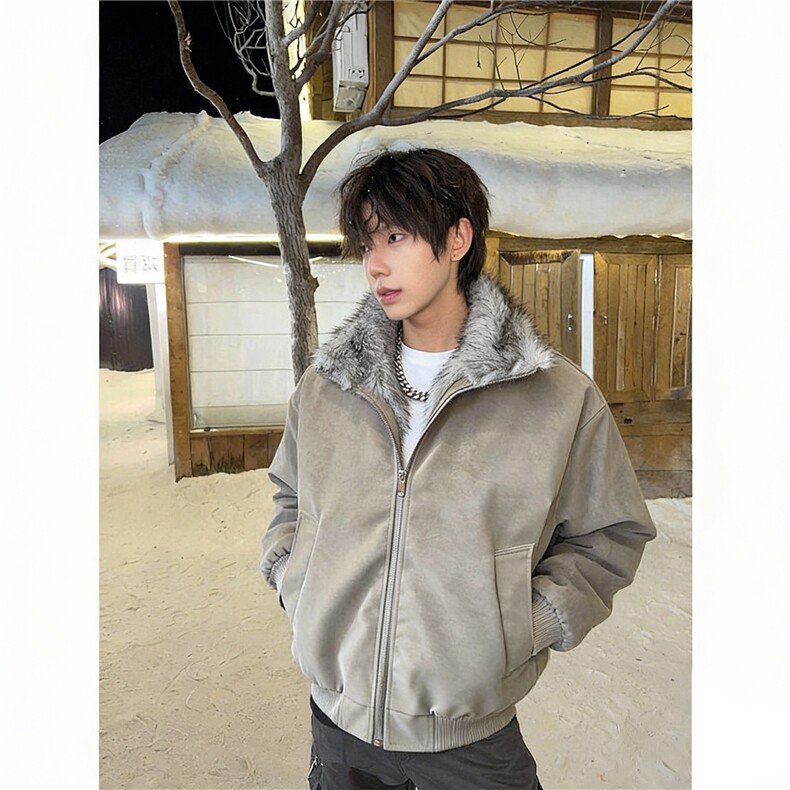现货高品质美式高街重磅座山雕毛毛领pu皮棉衣男女加厚棉服冬外套,男装皮衣,电商A443