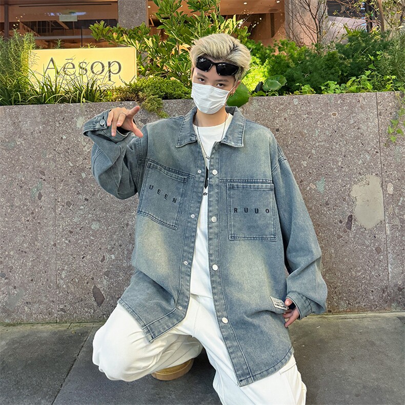 春秋季复古水洗翻领牛仔外套男士新款潮牌宽松休闲时尚夹克外套,男装工装外套,星座410-6（原星座1304-1）