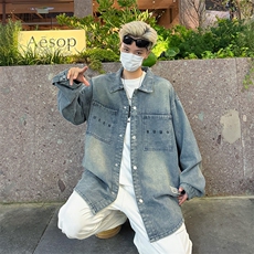 春秋季复古水洗翻领牛仔外套男士新款潮牌宽松休闲时尚夹克外套，男装工装外套，星座410-6（原星座1304-1）