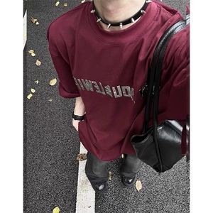 暗红色垫肩T恤男印花纯棉短袖宽松设计感半袖1213-T2429-P35网图图片