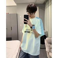 抖音得物品质二开240克宽松纯棉美式潮牌印花三条杠中性风短袖T恤，男装T恤，电商A486-1