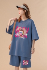 中性风23夏季做旧卡通印花圆领短袖美式垂感短裤套装TZ66P50控68，男装牛仔裤，A247A