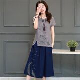 2021年夏季扣子开叉印花褶皱图案大摆裙两件套，女装套装/套裙，丽影随形