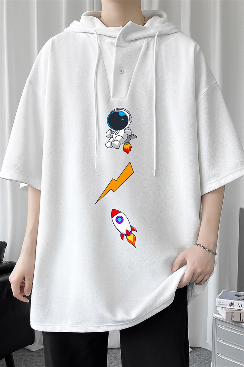 LD54165-P45连帽短袖t恤男大码胖子带帽五分袖中袖,男装T恤,电商A040