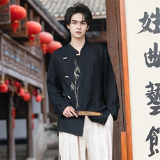 新中式风（折枝金竹）棉麻绣花木头扣大码宽松长袖衬衫男女款，男装衬衫，星座305A（原312A-1）