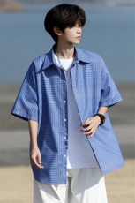 8XL-M短袖衬衫男夏宽松慵懒风痞帅条纹格子衫半袖外套DC28005P40，男装衬衫，电商B312