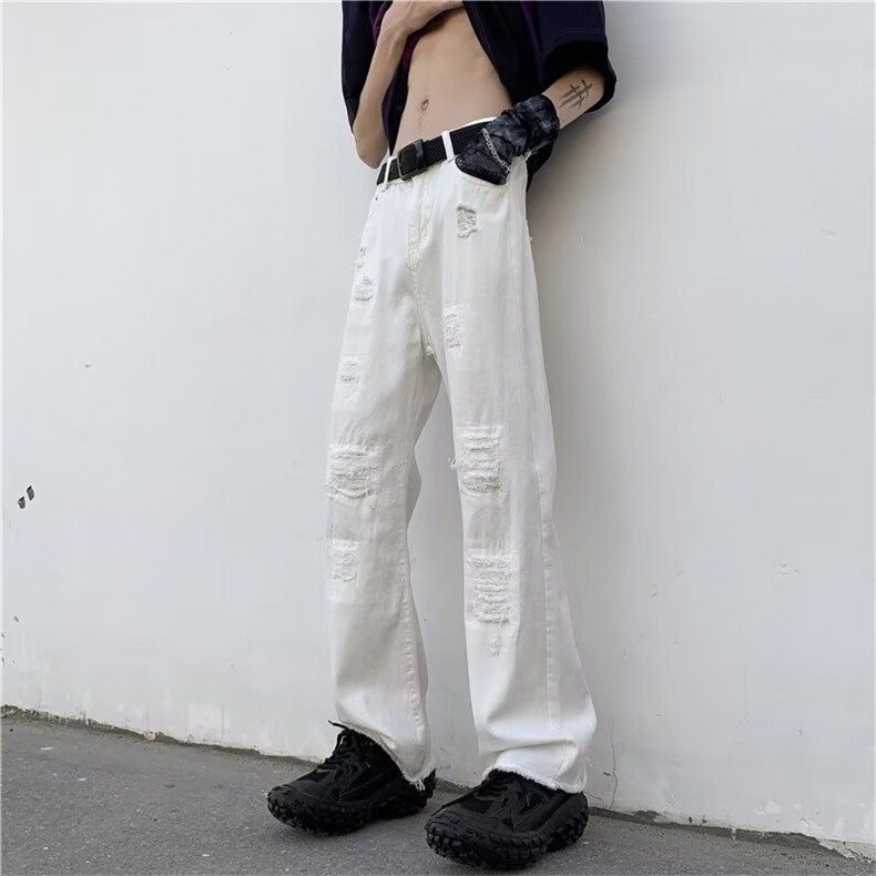 夏季破洞牛仔裤男拉链宽松直筒潮做旧牛仔裤N01626-P45,男装牛仔裤,星座308B-1