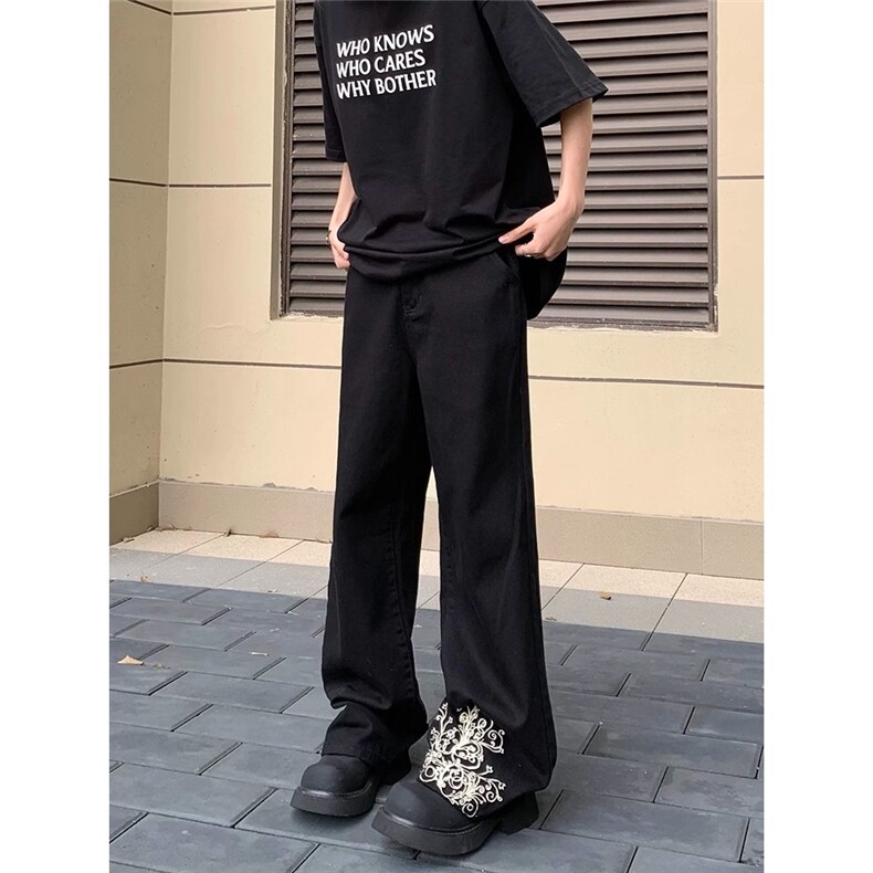 美式黑色牛仔裤男刺绣裤脚廓形Cleanfit宽松休闲直筒裤X2633,男装牛仔裤,星座208-5