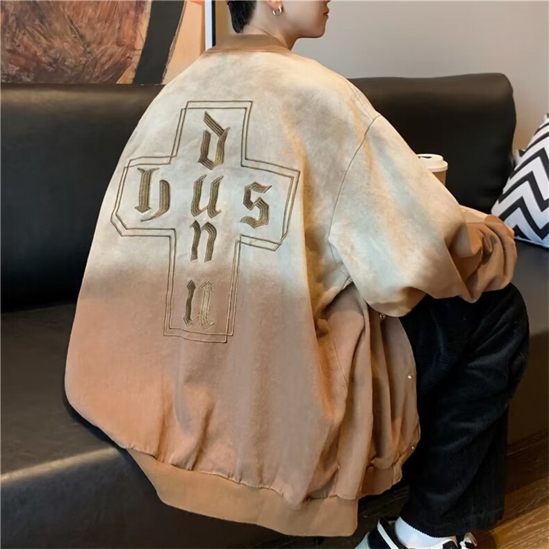 美式复古字母刺绣渐变棒球服男女秋季做旧水洗宽松情侣装夹克外套图片
