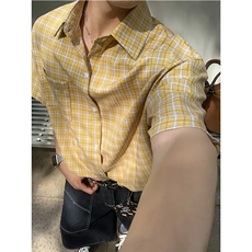 美式复古格子衬衫夏季百搭潮流男士衬衣潮流情侣装百搭短袖P38，男装T恤，电商C306-1