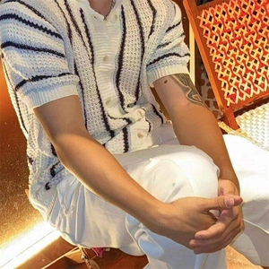 条纹针织短袖衬衫男轻熟风开衫衬衣图片