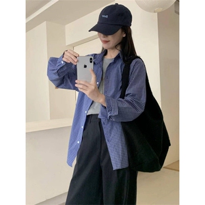 TC735-P45 春秋宽松气质休闲百搭开衫港风chic显瘦格子衬衫女图片