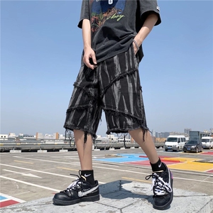 ins欧美高街暗黑扎染印花毛边牛仔短裤潮牌宽松直筒休闲五分裤图片