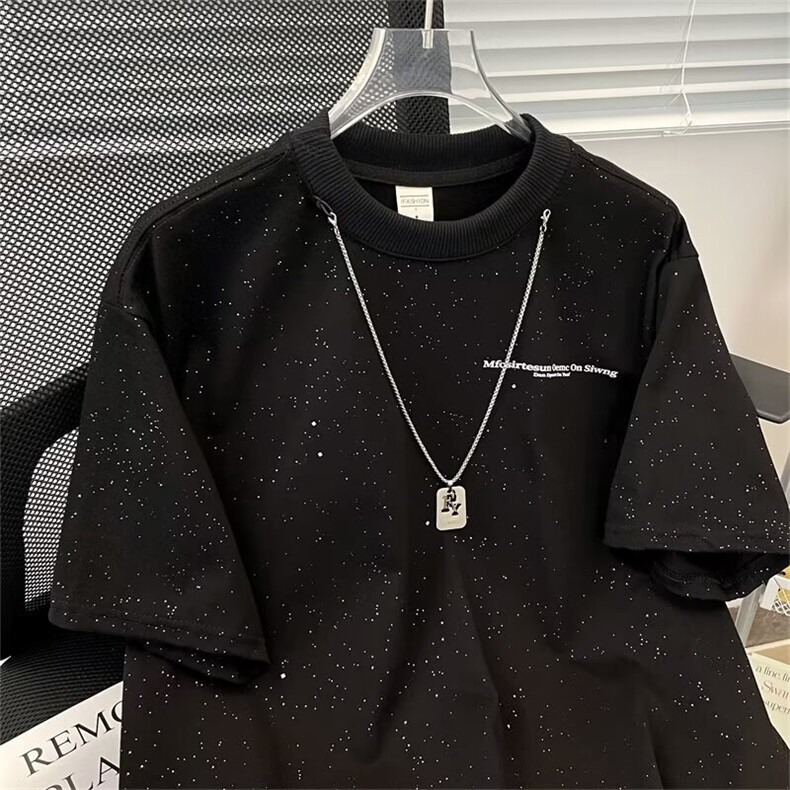 得物品质夏男短袖T恤满天星装饰项链字母印花纯棉T恤衫T05P45,男装T恤,星座1013-1
