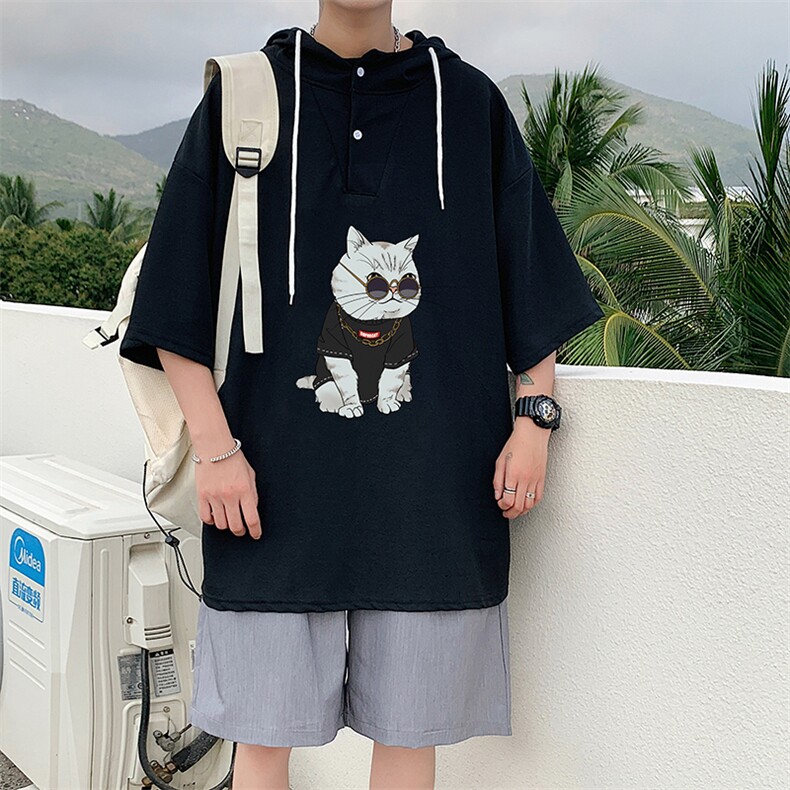LD54044-P45 连帽短袖t恤男大码胖子带帽五分袖中袖图片
