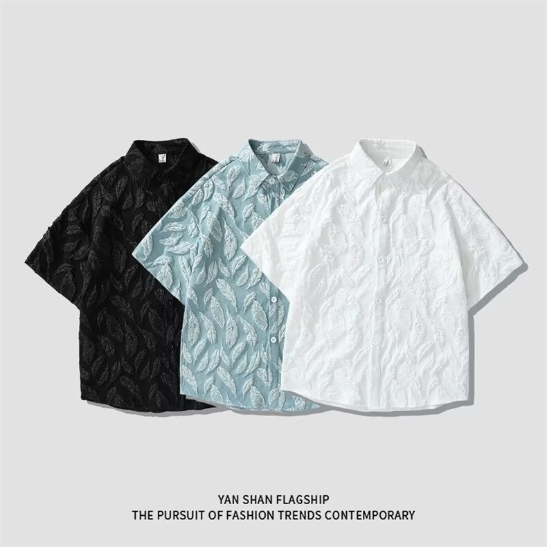 痞帅短袖花衬衫夏季设计感高级上衣男黑色休闲衬衣风寸衫外套，男装T恤，星座302B-2
