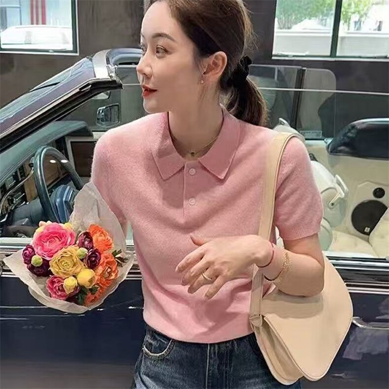 夏季新款洋气减龄女士POLO领纯色修身显瘦短袖,女装T恤,忠诺羊绒
