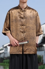 新中式大码七分袖衬衫2025夏季新款男立领大码盘扣上衣CS2461-P60，男装衬衫，电商A008