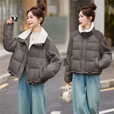 【现货现货】2025冬季新款黄色羽绒服短款加厚保暖羊羔毛拼接外套，女装羽绒服，一安秀