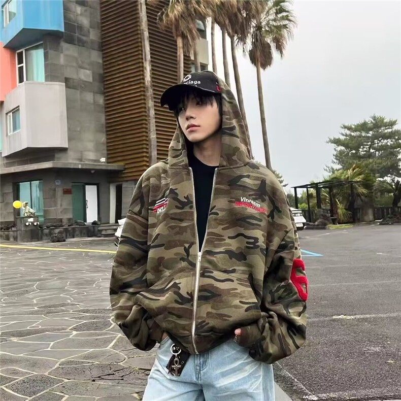 2025美式迷彩刺绣连帽卫衣外套男冬季宽松休闲加绒夹克WB607-P60图片