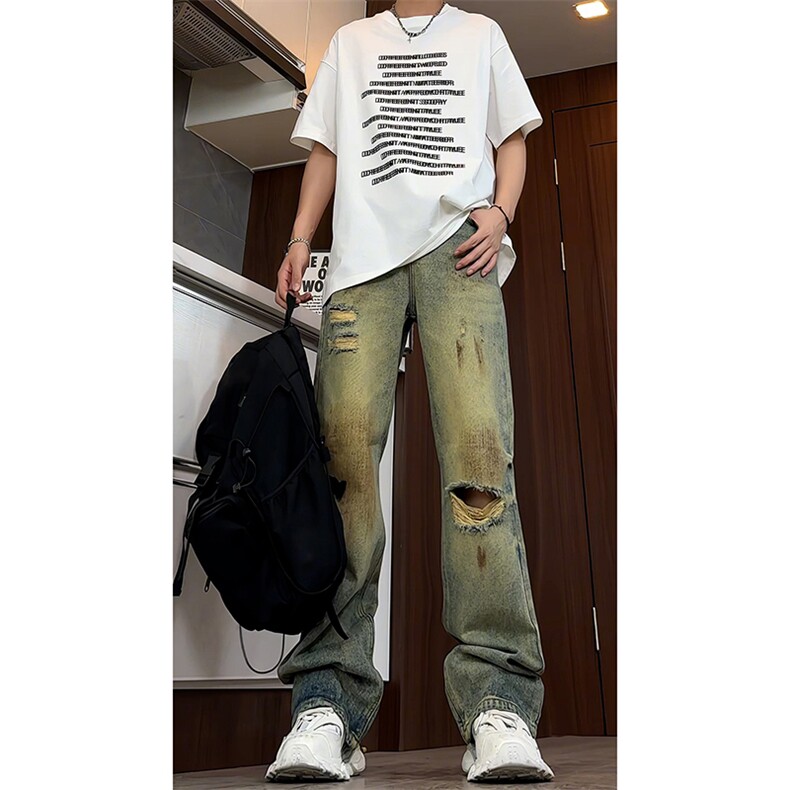 B221美式ins高街暗黑宽松直筒破洞喷墨乞丐牛仔裤LK24202-P60控78,男装牛仔裤,电商B221