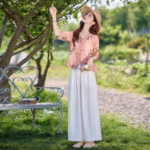 新中式棉麻套装女2025夏季高端复古刺绣印花上衣气质阔腿裤两件套图片