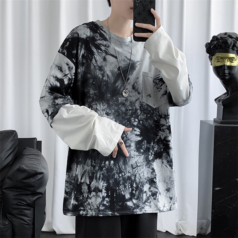 春秋季新款风水墨ins扎染潮流宽松假两件上衣潮流T恤T721-P35,男装T恤,星座512-2