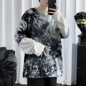 春秋季新款风水墨ins扎染潮流宽松假两件上衣潮流T恤 T721-P35图片