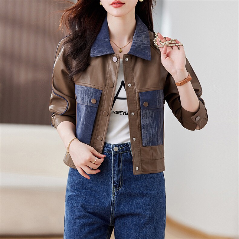 拼接皮衣外套女春秋机车PU夹克短款时尚欧货高级感2023年新款,女装皮衣,江南女神