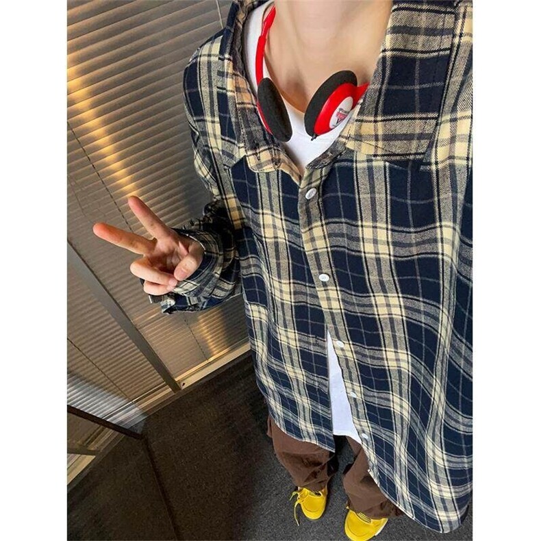 特批P30无差价2025秋格子翻领长袖衬衫男女中性潮流大码衬衣C5450,男装衬衫,电商A001
