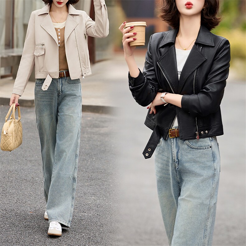 皮衣春秋显瘦气质小个子短款时尚休闲网红百搭春季宽松修身外套，女装皮衣，江南女神