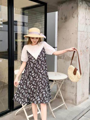 夏季新款假两件碎花连衣裙，女装连衣裙，哈咔