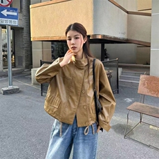 宽松显瘦时尚皮衣女短款2025春新款立领机车服韩系小个子上衣，女装皮衣，2C229