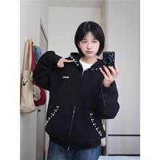 J609-P49美式复古珍珠设计感连帽短款卫衣女外套，女装短外套，电商B323A