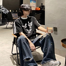 抖音得物高品质二开240克宽松纯棉美式潮牌三条杠织带短袖T恤，男装T恤，电商A486-1