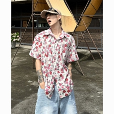 2025夏装小红花短袖衬衫复古碎花度假风宽松衬衣A025-C07-P48，男装T恤，电商A025