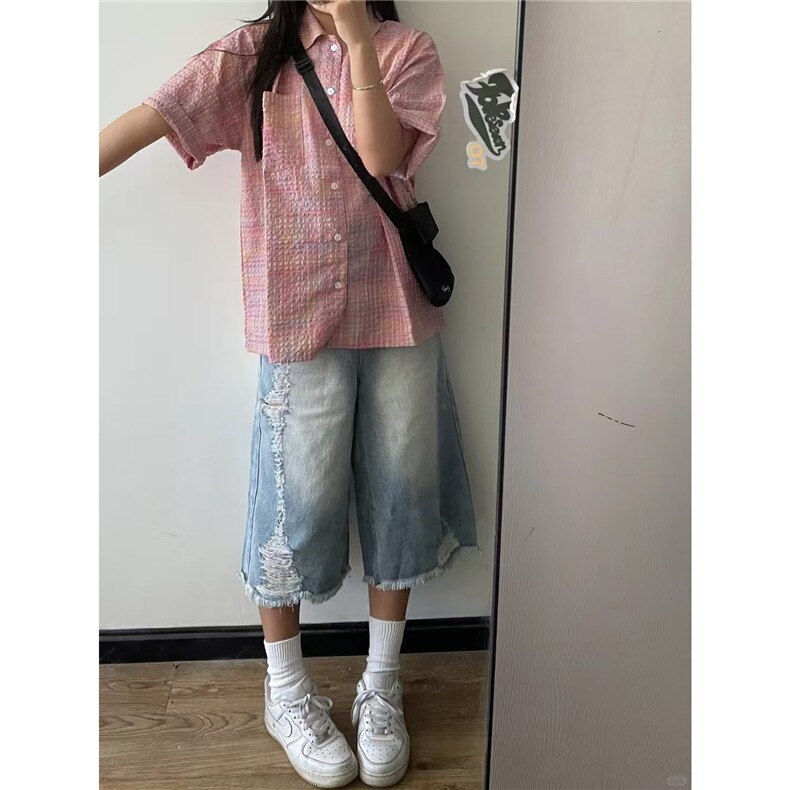 粉色格纹短袖衬衫女夏季设计感小众多巴胺泡泡纱半袖格子衬衣上衣,男装T恤,星座1210-1