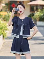 2025韩版夏季薄时尚显瘦蕾丝拼接牛仔短袖短裤套装，女装套装/套裙，贵人树