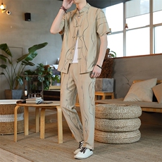 风套装男士夏季冰丝短袖复古风唐装汉服中式居士服HO6930-P65，男装T恤，星座1105-3