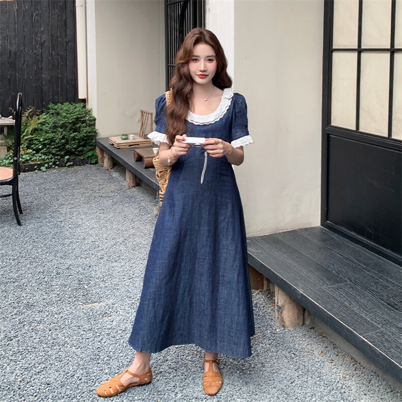 蕾丝花边牛仔连衣裙女2025夏季新款法式温柔风复古气质连身裙长裙,女装连衣裙,2C009