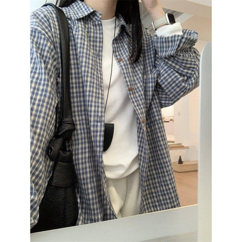 格子衬衫女春秋款内搭叠穿休闲显瘦衬衣外穿长袖上衣 C04图片