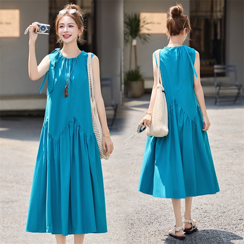 纯棉法式无袖挂脖连衣裙女2025夏季新款拼接中长款度假休闲仙女裙，女装连衣裙，木子恋